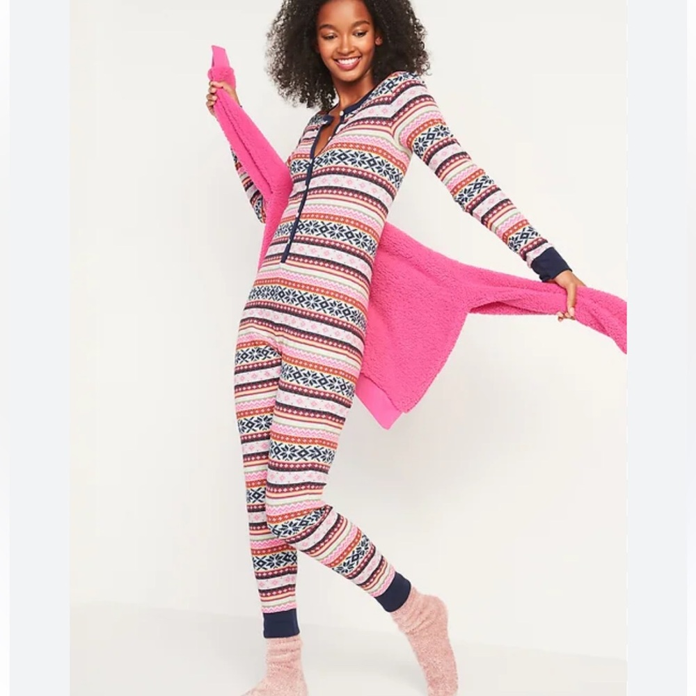 Patterned Waffle-Knit One-Piece Pajamas with Pink Accents
